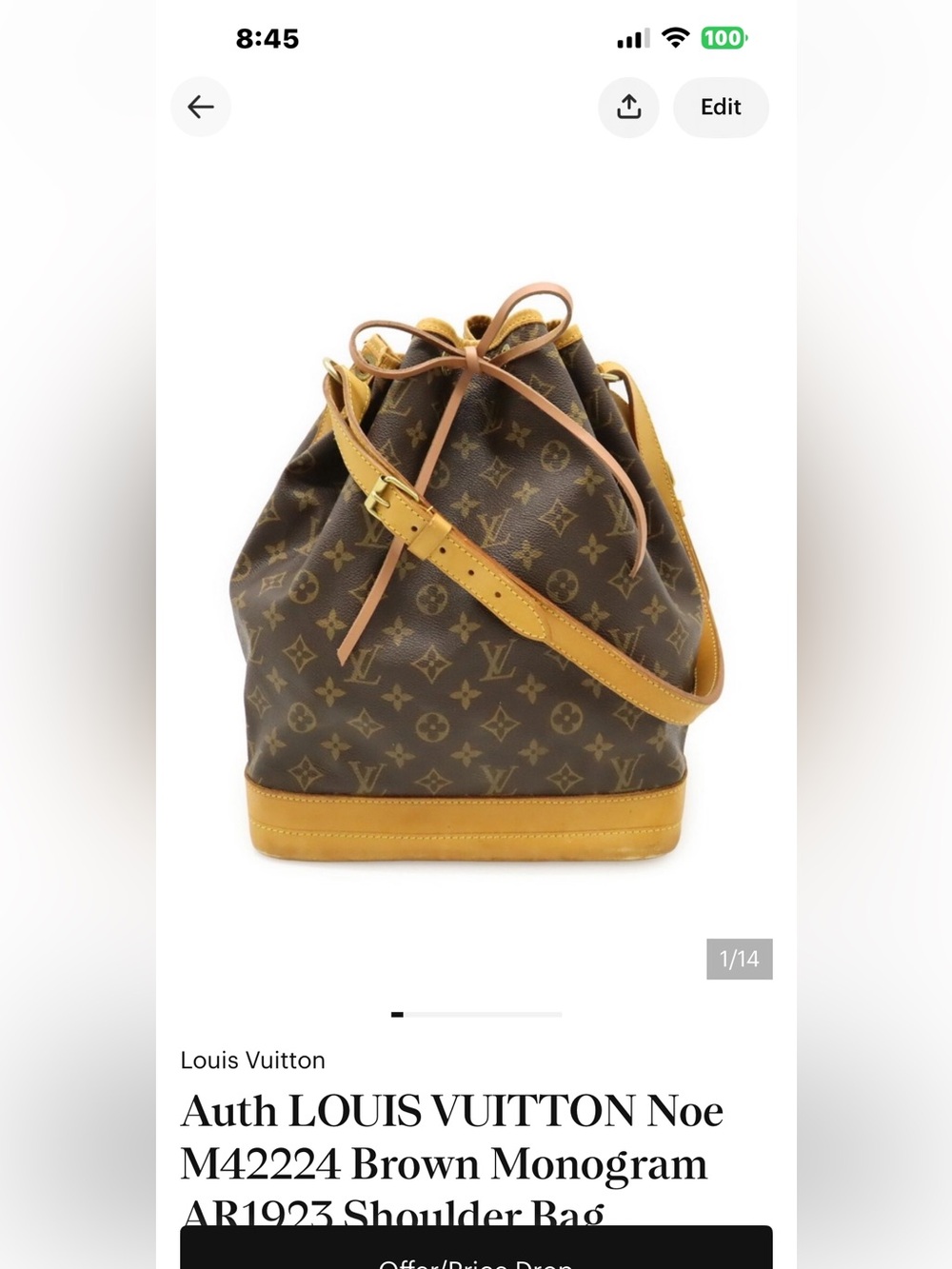 Auth LOUIS VUITTON Noe M42224 Brown Monogram AR1923 Shoulder Bag Monogram Canvas